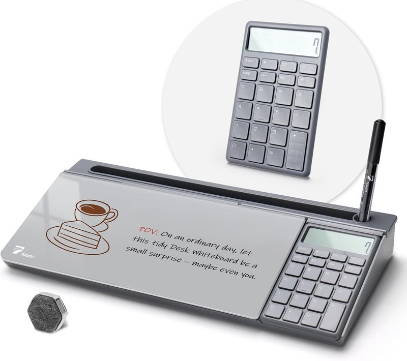 TOWON Desktop Glass Whiteboard with Basic Calculator, 12 Digit LCD Display, Desk Organizers with Accessories for Office, Home, School Supplies, Storage with Dry Erase Board Surface, Gray, 18'' x 6'' - Image 1